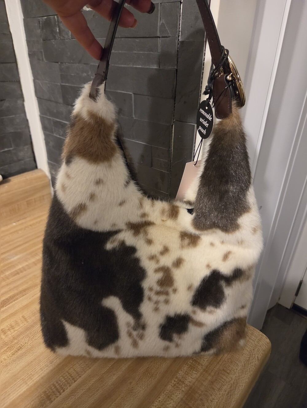 BCBGeneration Brown, White, Black Faux Fur Hobo Bag NWT